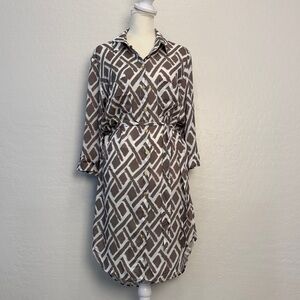 Geometric Brown and White Shirt Dress